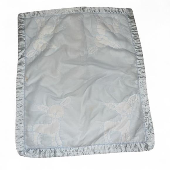 Rare Vintage 1950’s Blue Baby Nursery Blanket Embroidered Deer Fawns Silky Trim